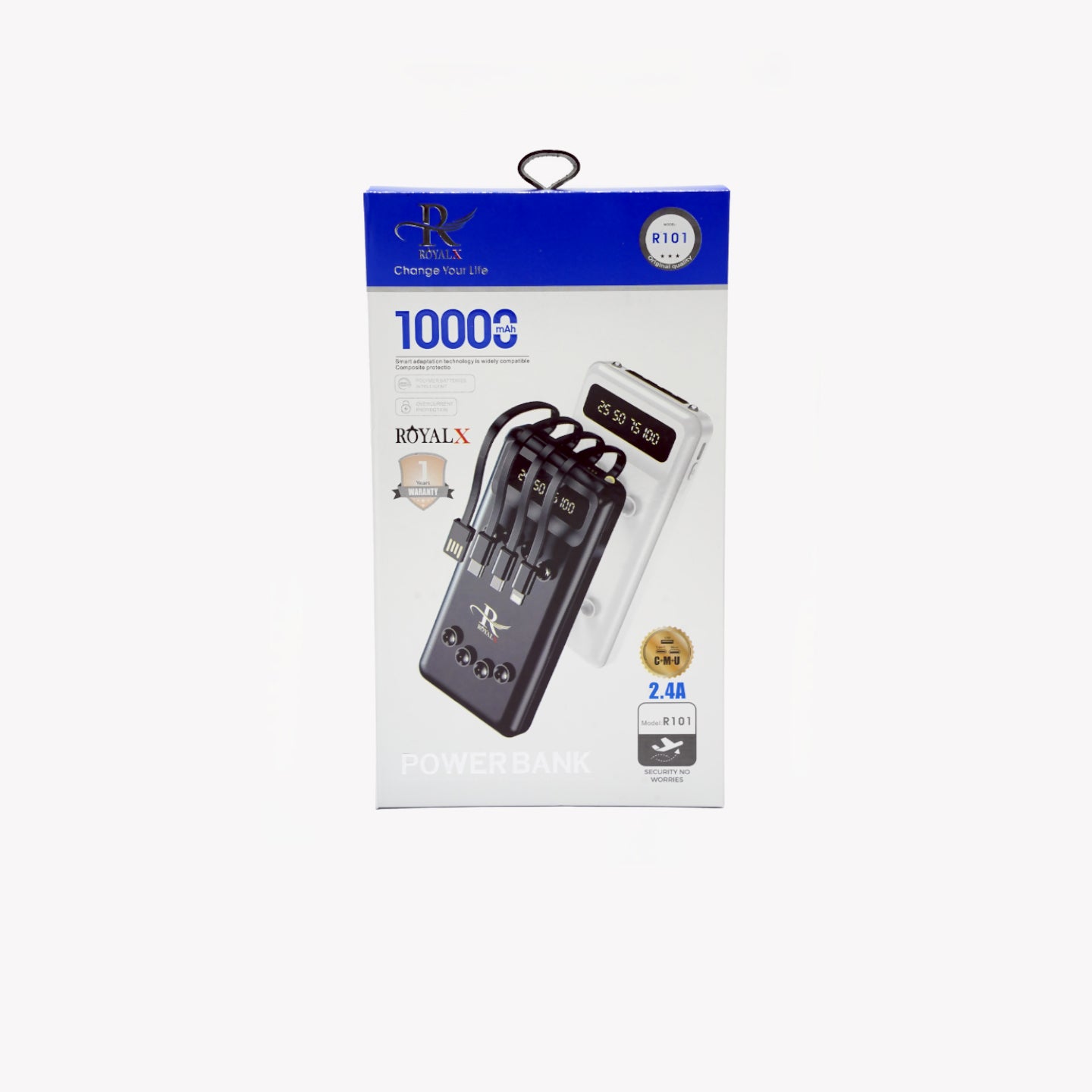 HIGH-CAPACITY PERFORMANCE
10000mAh Li-Ion Battery – Provides multiple recharges for your devices.
2.4A Output – Ensures fast and stable power delivery.

PORTABLE & DURABLE DESIGN
Slim, lightweight build – Easy to carry in pockets, bags, or backpacks.
Durable outer shell for long-term use and protection.

CONNECTIVITY / COMPATIBILITY
Dual USB Output – Charge two devices simultaneously.
Compatible with Android, iOS, and all USB-powered gadgets. royalx