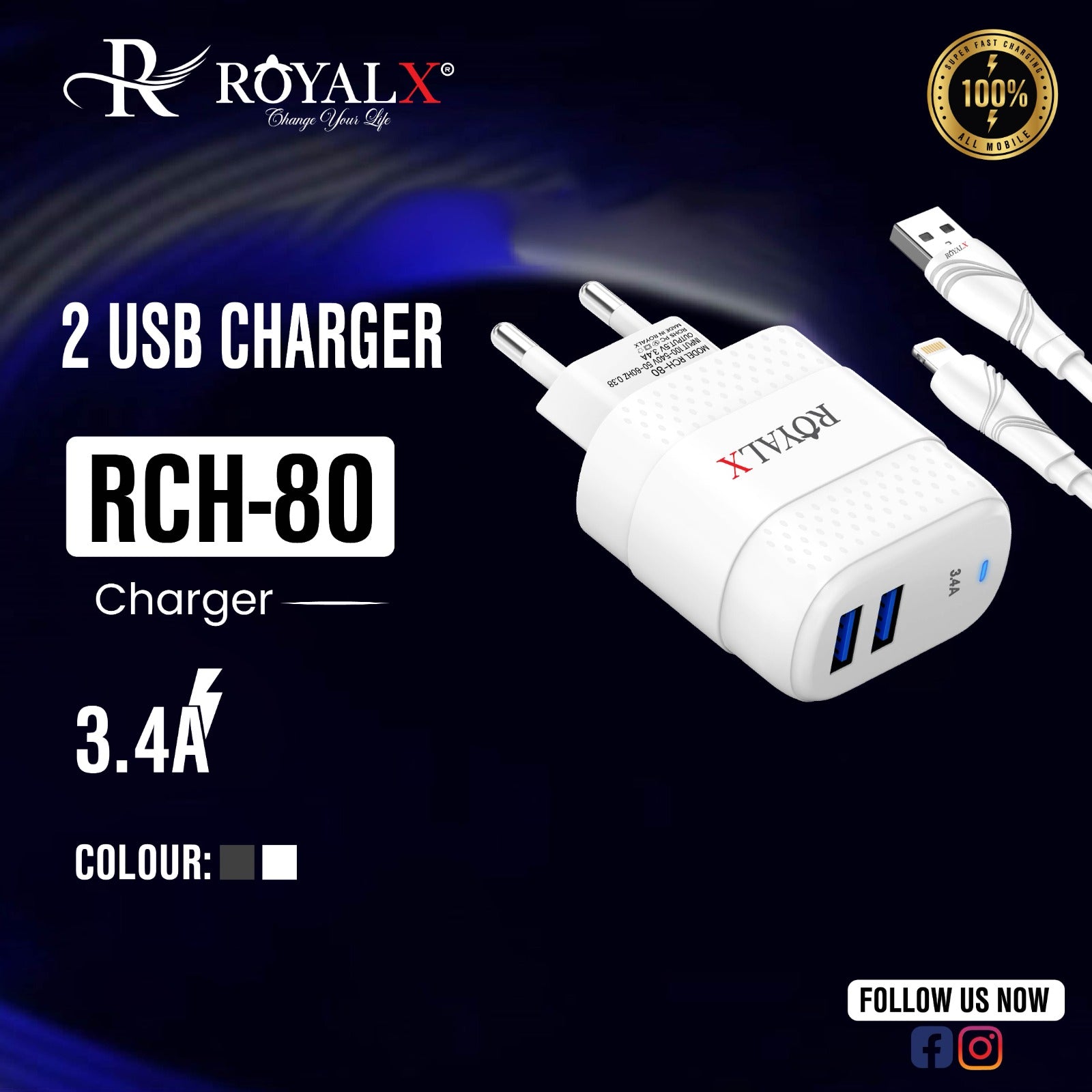 RCH-80 3.4A with 2 USB Port Charger